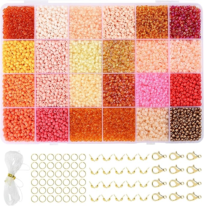 Vtssvow 3mm Glass Seed Beads for Bracelets Making, 24 Colors 10000pcs Friendship Bracelet Making Kit, Small Glass Beads for Jewelry Making (Mix 24 Color, Orange)