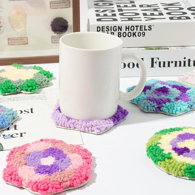 WATINC 22PCS Craft Punch Needle Coaster Kit with Flower Pattern DIY Embroidery Kit for Beginner Easy Embroidery Art and Crafts Needle Coaster with Instruction for Adults
