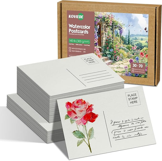 100% Cotton Watercolor Postcards Set - 70 Blank 4"x6" + 30 Folded 5"x7" Watercolor Postpaper, 140lb/300gsm Acid-Free Heavyweight Paper for Painting, Greeting Cards, Christmas, Birthday DIY