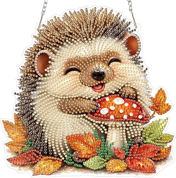 Hanging Diamond Art Kit for Adult, Autumn Hedgehog, 5D Special Shaped Rhinestone Diamond Painting Ornament, Cute Hedgehog, DIY Acrylic Diamond Art Painting Window Pendants Home Garden Wall Decor