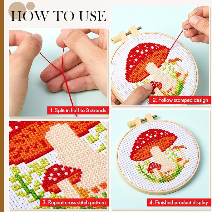 Juexica 6 Sets Mushroom Cross Stitch Kits for Beginners Mushroom DIY Embroidery Kits with Pattern and Instructions, 2 Embroidery Hoops, 6 Needles, Needle Threader, Threads Needlepoint Kits for Adults