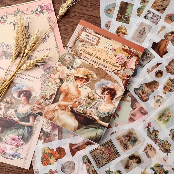 Victorian People Scrapbook & Sticker Book for Adults - 450 Pre-Cut Washi Stickers, Scrapbook Paper, Junk Journal Sticker and Vintage Stickers for Scrapbooking