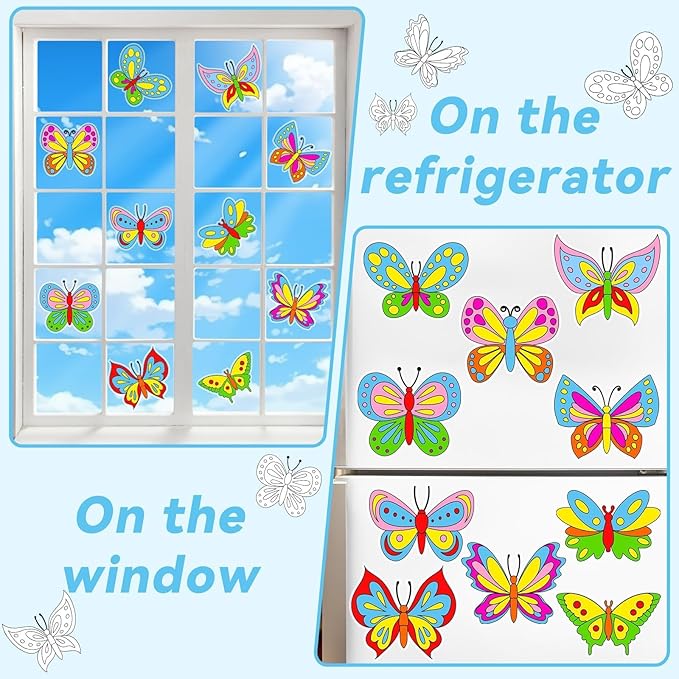Qyeahkj 30 Pack Spring Butterfly Crafts for Window Suncatchers Crafts Kit DIY Spring Coloring Arts Crafts Window Clings Stickers with 8 Markers Hobby Gifts for Home Decorations