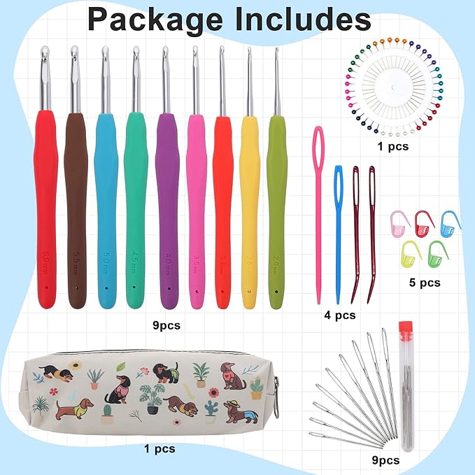 Crochetbox Crochet Hooks Set, 9 Size 2mm(B)-6mm(J) Ergonomic Handles Crochet Hooks with Case for Arthritic Hands, Kintting Needle with Crocheting Tool for Crocheters