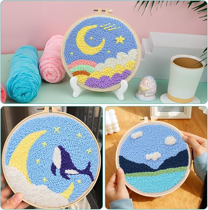 Zuaooz 3 Sets Punch Needle Kits,Whale Rainbow River Punch Embroidery Kits for Adults Beginner, Tool with Punch Needle Fabric, Hoops, Yarns and Sewing Needles