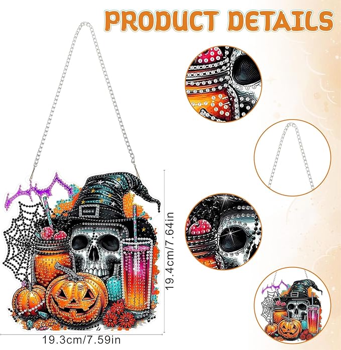 RICUVED Diamond Art Hanging Kit for Adult, Skull Special Shaped Crystal Gem Craft Halloween Diamond Painting Pendant Kit for Beginners, DIY Pumpkin Hanging Diamond Art Ornament Kit for Home Garden