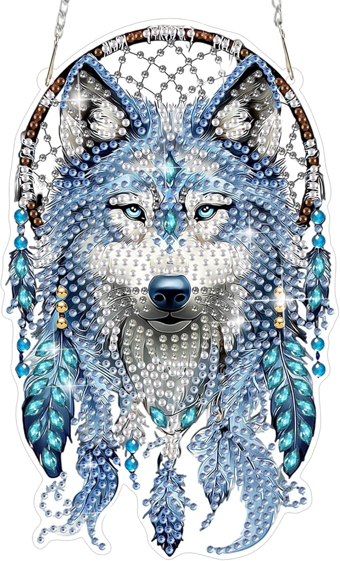 MEIYUDA Wolf Diamond Art Hanging Kits for Adult, Wolf Dreamcatcher Diamond Painting Hanging Kits Ornaments, DIY Special Shaped Rhinestone Window Pendants Kit for Home Garden Wall Decor Gift