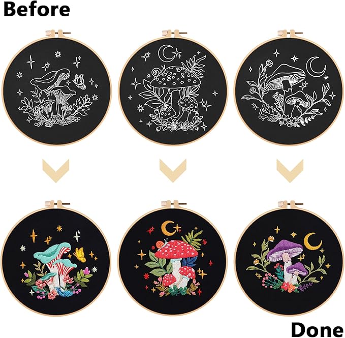 Nuberlic 3 Pack Embroidery Kit for Adults Beginners, Stamped Cross Stitch Mushroom Patterns with Hoop, Thread, Needles & Step-by-Step Guide Easy DIY Starter Kit
