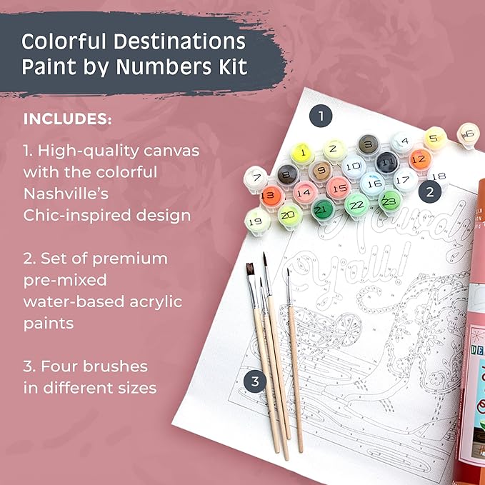 Pink Picasso Kits Colorful Destinations Paint by Number for Adults and Teens | DIY Unique Canvas Painting Kits Color by Numbers Arts & Crafts Kit | Howdy Y'all 8x10 - Paint Kit Set