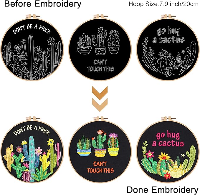 Louise Maelys Funny Cactus Embroidery Kits for Beginners,Cross Stitch Kit for Adults,Starters DIY Needlepoint Including Plant Pattern,Hoop,Instruction and Threads