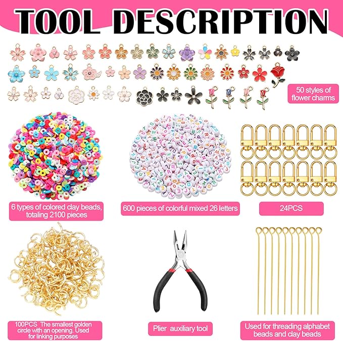 Tondiamo 2823 Pcs Bead Keychain DIY Craft Making Kit Bag Charms Key Ring Letters Beads String for Gift Jewelry Key Ring Backpack Accessories(Flower)