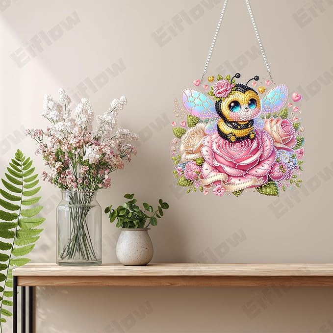 Eiflow Acrylic Diamond Art Hanging Kit for Adults, DIY Diamonds Painting Door Hanging Board Kit, Special Crystal Diamond Art Painting Pendant Ornament (Valentine Bee)
