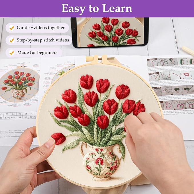3 Pack Embroidery Kit for Adult Beginners, Needlepoint Cross Stitch Kits with Flower and Green Plant Stamped Patterns, Embroidery Hoop, Tools,Colorful Threads,Step by Step Instructions,DIY Starter Kit