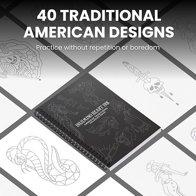 Inlumino Heart Ink Tattoo Practice Coloring Book: American Traditional – Spiral Bound Art Book with 40 Designs on 240 GSM Textured Pages – Use with Ballpoint Cartridges & Rotary Machines