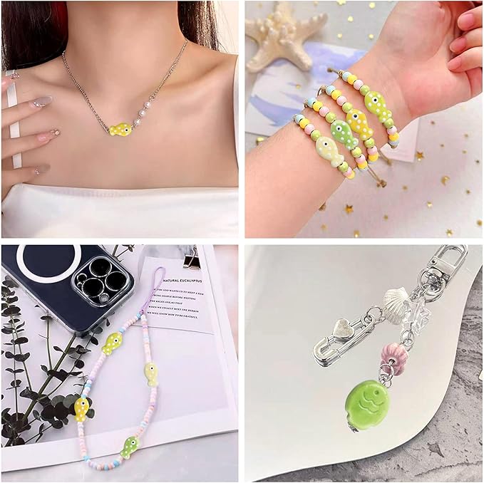 12Pcs Fish Ceramic Porcelain Beads for Jewelry Making 11 Styles Yellow Ocean Sea Beach Animal Spacer Beads for DIY Necklaces Earrings Bracelets Keychains Jewelry Findings Accessories