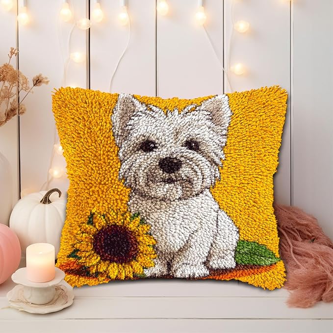 DIY Latch Hook Pillow Kits for Adults Cute West Highland Terrier Dog Printed Pillowcase Crochet Yarns Hooking Handmade Pillow Cover Cushion for Home Sofa Decoration 17x17inch-50