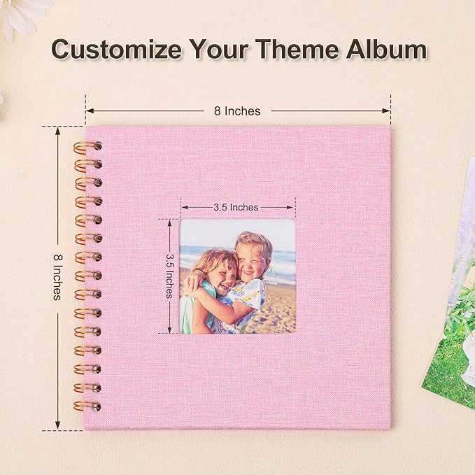 Scrapbook Photo Album 8x8 Inches 40 Pages Hardcover Kraft Paper Linen Cover Scrap Book Memory Book DIY Scrapbook Albums for Wedding Baby Boyfriend Travel Anniversary Family, Pink