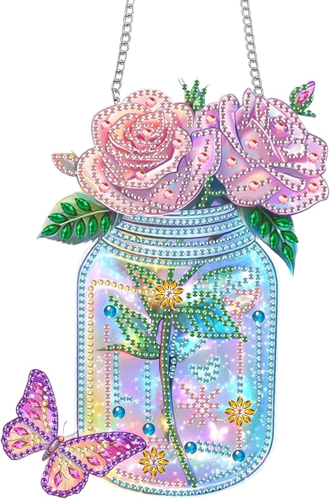 Bimkole Rose Diamond Art Hanging Kit for Adult, DIY 5D Vases Diamond Art Painting Window Pendant, Acrylic Crystal Art Hanging Ornament for Wall Home Garden Front Door Decor - 7.8x7.8 Inch