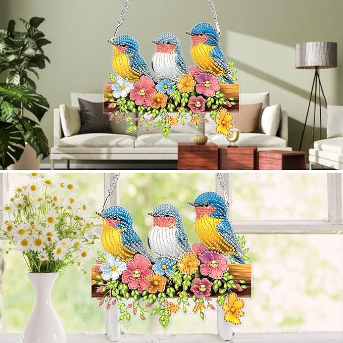 MXJSUA Special Shaped Hanging Diamond Painting Art Kits for Adults, Birds Flowers Fence 3D Crystal Rhinestone Acrylic Gem Art Pendant Ornaments Kit for Home Decoration and Gift
