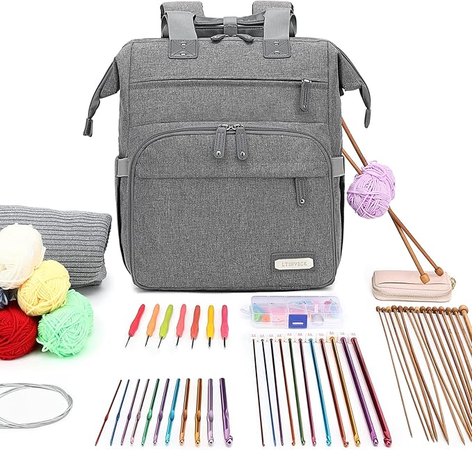 LTINVECK Crochet Backpack,Knitting Bag Backpack Yarn Storage Organizer Travel Crochet Bag,Large Yarn Tote Bag Yarn Holder Case for Knitting Needles,Crochet Hooks,Crochet Accessories,Grey