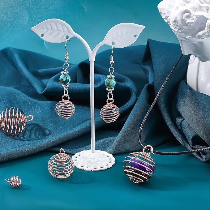 PH PandaHall 24pcs 4 Sizes Spiral Bead Cages Pendants Stone Holder Necklace Cage 24 Strands 17 Inch Black Leather Necklace Cord 50pcs 6mm Open Jump Ring Rock Tumbler Jewelry Making, Rose Gold