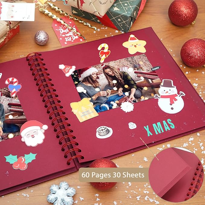 Christmas Memory Book - 10" x 10" Scrapbook Album, 60 Pages, with Photo Corner Stickers | DIY Holiday Keepsake Kit | Merry Christmas Gift for Memories