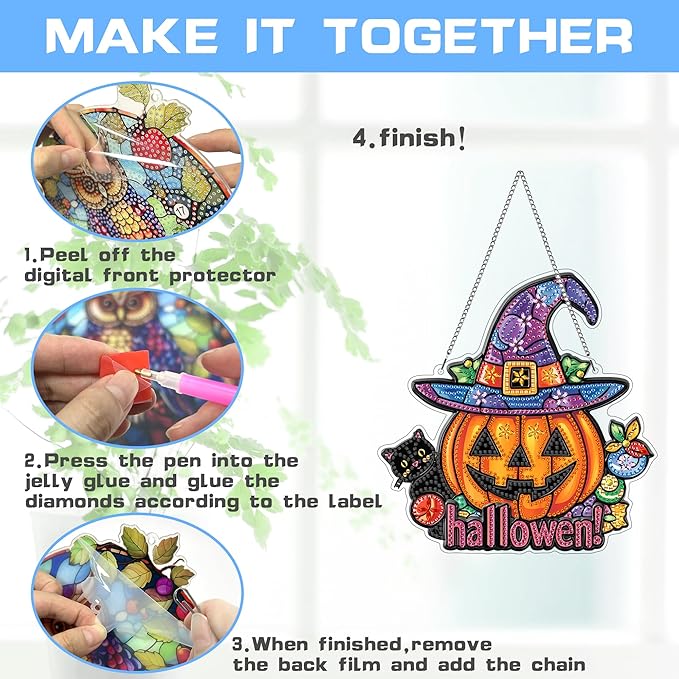 VAIIEYO Halloween Diamond Art Hanging Ornament, Black Cat Pumpkin Diamond Painting Suncatchers Window Hanging Kit with Chain, 7.5x7.5 inch Pendant Art Craft for Gift Home Wall Front Door Decoration