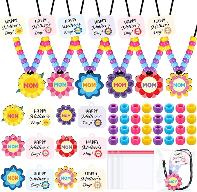 Ferreve 24 Sets Mother's Day Beads Necklace Crafts Kit Mother's Day Gifts DIY Mom Wooden Flowers Necklace Kits Bulk Make Your Own Mom Gifts for Family Classroom Making Party Favors