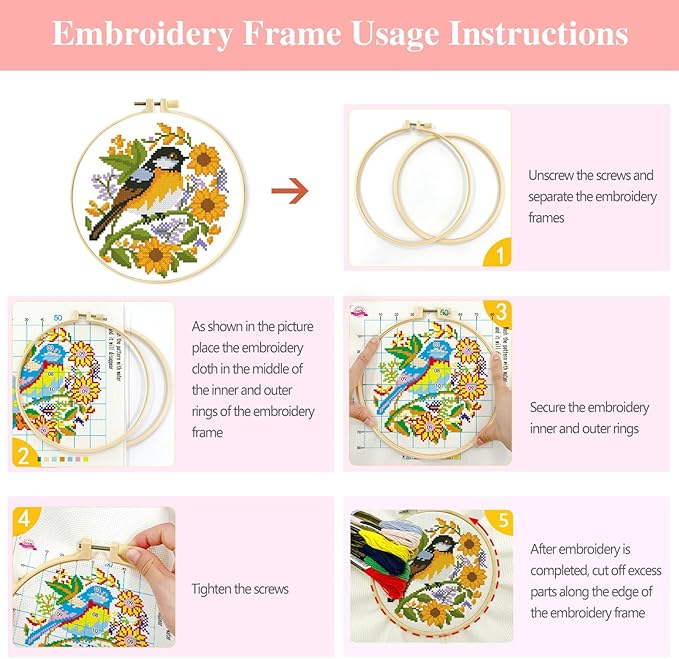 Zhenging Animal Cross Stitch Kit – 4 Pre-Printed Designs (Sloth, Bird, Penguin, Calf) with 11CT 9.45x9.45 Inch Fabric, Hoop, Scissors, Threader & Tools for Beginners & Adults