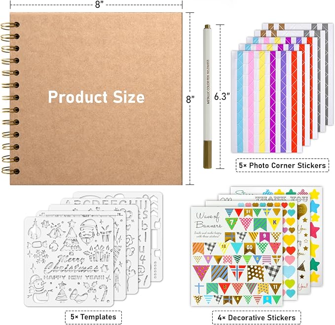 GOTIDEAL 8 x 8Inch Scrapbook Album,40 Pages Kraft Paper Photo Albums for Wedding&Anniversary,Family DIY Scrap Book Kits with Metallic Markers&Scrapbooking Stickers Corners(Yellow)