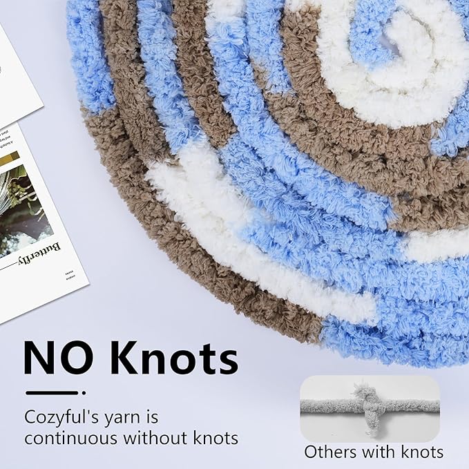 Chunky Yarn for Hand Knitting - #10 Chunky Chenille Blanket Yarn, Jumbo Big Thick Chunky Yarns for Crocheting, Tie Dye Bulky Knit Yarns, 8 Skein (25 yds 8 oz Each Skein), Khaki & Blue & White