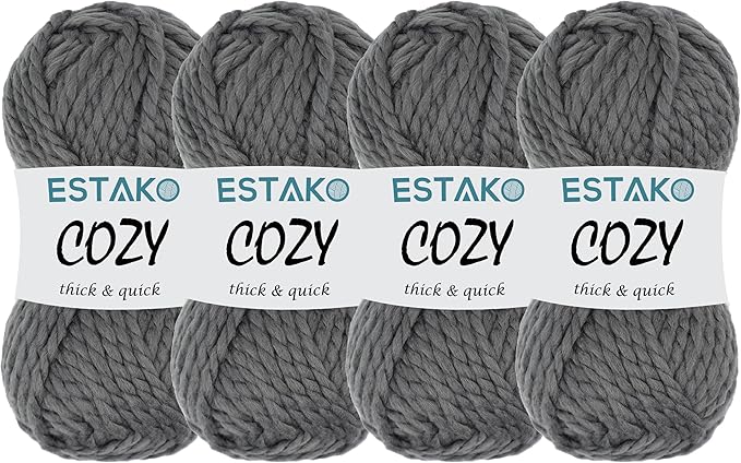 Estako Cozy Thick & Quick Yarn (4 Skeins Pack) 20% Wool 80% Acrylic Soft Super Bulky Weight #6 Knitting and Crocheting Yarn (4 x 3.52 Oz) / (4 x 65 Yrds) (59054-Dark Grey)