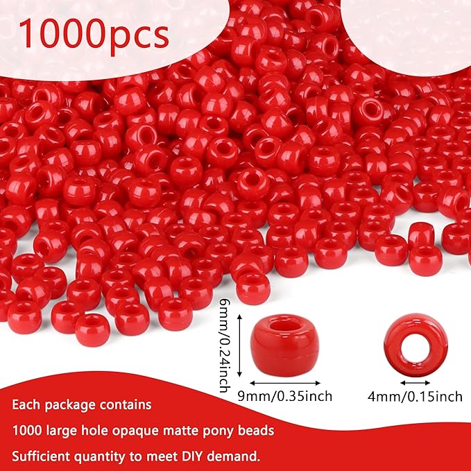 Red Pony Beads 1000Pcs 9mm Pony Beads Bulk Red Perler Beads for Friendship Bracelets Kandi Beads Hair Beads for Braids Beads for Crafts