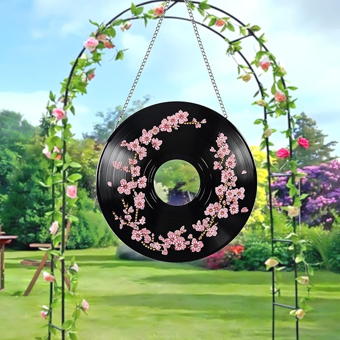 LOMSIOY Diamond Art Hanging Kit for Adult, Flower Front Door Sign Window Hanging for Outdoor, Records Double Sided Summer Decor Suncatcers for Porch, Hanging Pendants for Garden Wall （8x8 Inch