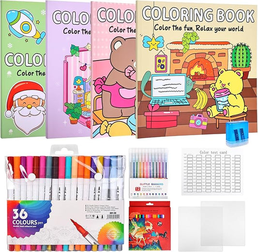 yqwuco coloring book set for adults,cute coloring book for adults relaxation with 60 colored markers, anxiety relief gifts with 160 patterns included animal spaces