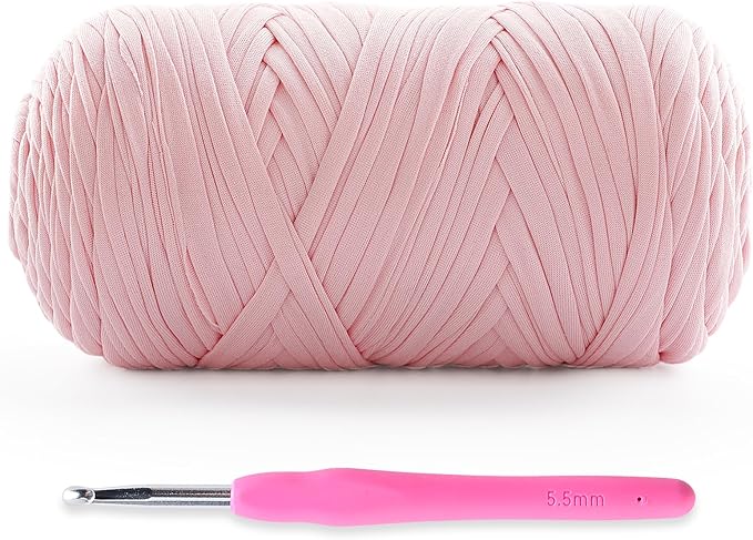 Soft T-Shirt Yarn for Crochet, T Shirt Yarns for Crocheting Crafts, Bags, Basket, Coaster, Tshirt Yarns - 400 g/130 yds with 1 Crochet Hook (1, Sakura Pink)