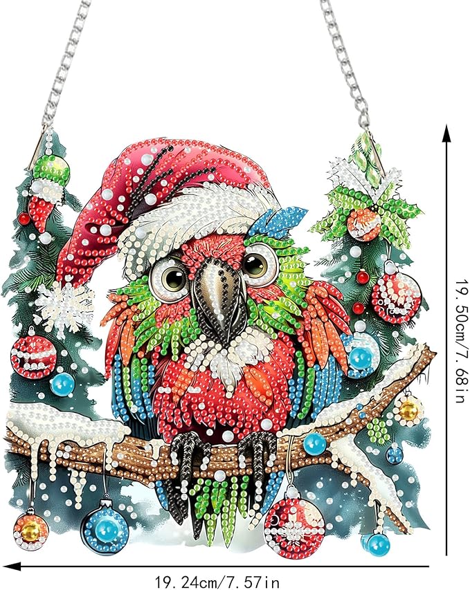 SENQAO Christmas Diamond Art Hanging Kits for Adults Kids, Parrot Diamond Art Suncatchers, 5D Special Shape Diamond Painting Pendant Window Ornament Gifts for Home Door Wall Decor