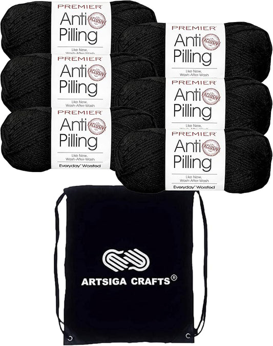 Premier Yarns Everyday Anti-Pilling Solid Black DN100-12 (6-Skeins - Same Dye Lot) #4 Worsted Weight Acrylic Yarn for Crocheting and Knitting with Project Bag