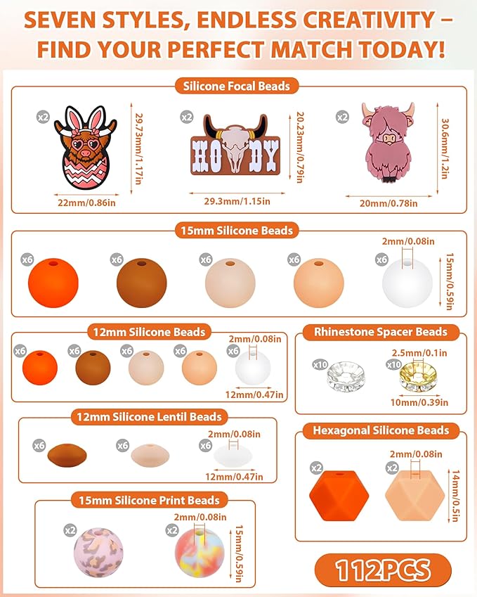 112PCS FIVEIZERO 12mm 15mm Cow Focal Silicone Beads for Keychain Making, Round, Lentil, Hexagonal, Print, 10mm Rhinestone Rondelle Spacers Beads for Bracelet, Pens, Necklace Crafts(Pink Orange)