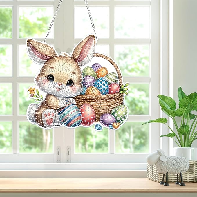Bowetile Easter Hanging Diamond Art Kits for Adults Kids, 5D Special Shape Diamond Painting Rabbit Kits, Easter Diamond Gem Art Suncatchers Painting Pendant Home Decor, Gifts for Kids