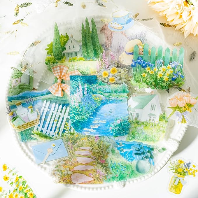 TIAMECH Pastoral Time PET Stickers - 120 Pcs Rural Residence Fence Lake Design, Waterproof Sticker for Journaling & Scrapbooking, Junk Journal Supplies, Ephemera & DIY Crafts
