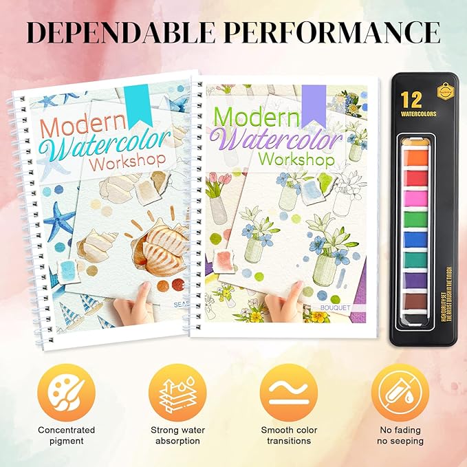 APOLYONE 2-Pack Beginner Watercolor Workbooks: 24 Coloring Pages + 12 Watercolor Paints + Brush – 300gsm/140lb Paper – Gift for Women, Adults & Beginners (Bouquet & Seaside)