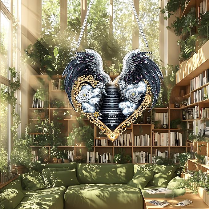 Lxmsja DIY Angel Wings Diamond Painting Hanging Ornament, Double-Sided Acrylic Stairway to Heaven Diamond Art Kit, Special Shaped Suncatcher Hanging Pendant Window Art Kit 7x8 inch
