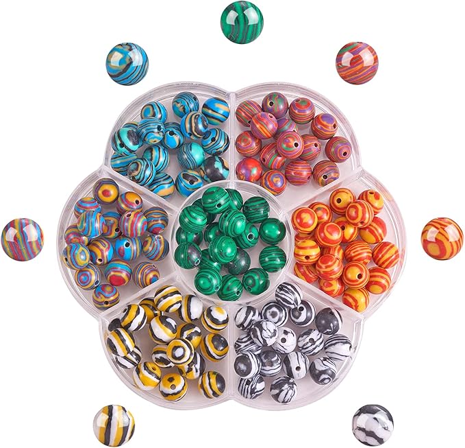 140Pcs 7 Colors Malachite Beads for Jewelry Making, 8MM Malachite Stone Beads Charm Round Bead Set for Necklace Bracelet Charm Jewelry Making (8MM, 7 Colors Malachite)