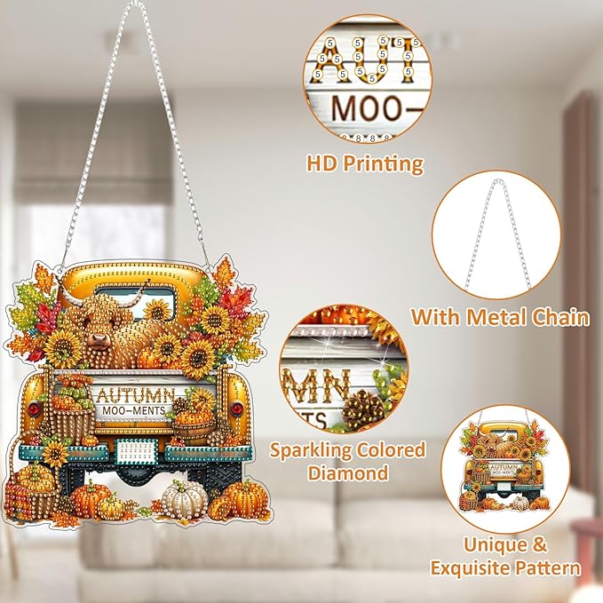 SENQAO Cow Diamond Art Hanging Kits for Adults Kids, Acrylic Diamonds Painting Pendant Board Kits, Diamond Art Painting Window Pendants Home Garden Wall Hanging Kits Hanging Ornament（Truck Sunflower）