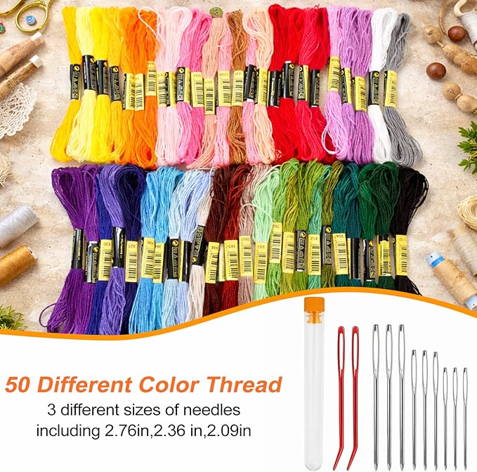 Knit Patch Kit, Mini Darning Loom, Darning Egg Weaving Tool Include Small Weaving Loom with 14 Large Eye Needles 50 Colors Thread for Visible Mending Jeans, Socks and DIY Fabric Repair (Natural Wood)