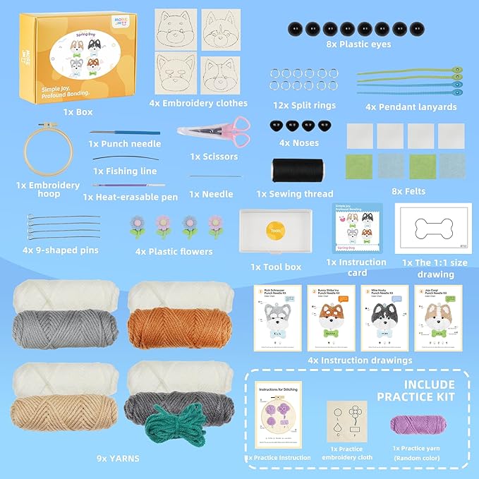 MOREJMTT Punch Needle kit-4 Embroidery kit for Beginners,Punch Needle Kits Adults Beginner,Needles, Curved Scissors, a Tool Storage Box, Easy-to-Follow Instructions, and Tutorial Videos-（4 Dog ）