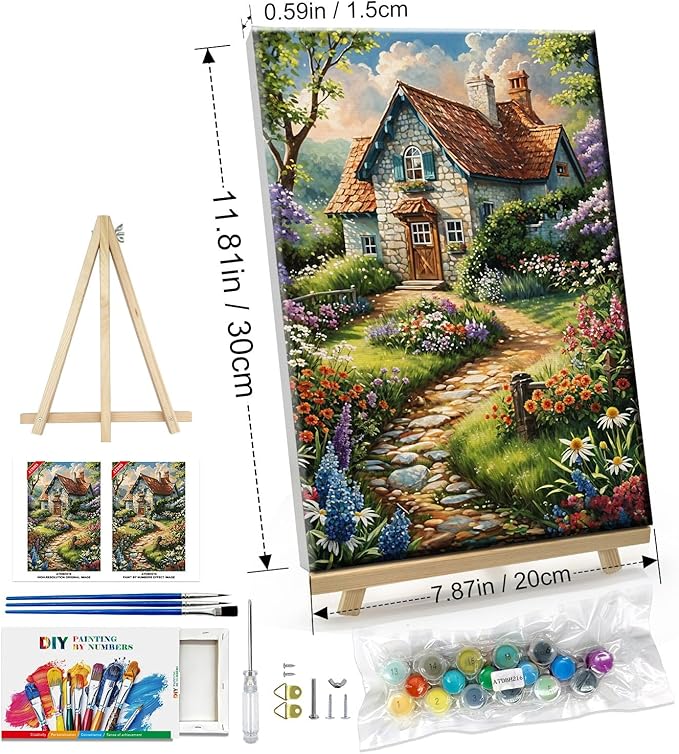 ATDMS Paint by Numbers Kits for Adult with Frame DIY House Flowers Paint by Number with Easel Acrylic Landscape Oil Painting by Number for Wall Hanging Home Room Decor 7.87x11.81 Inch