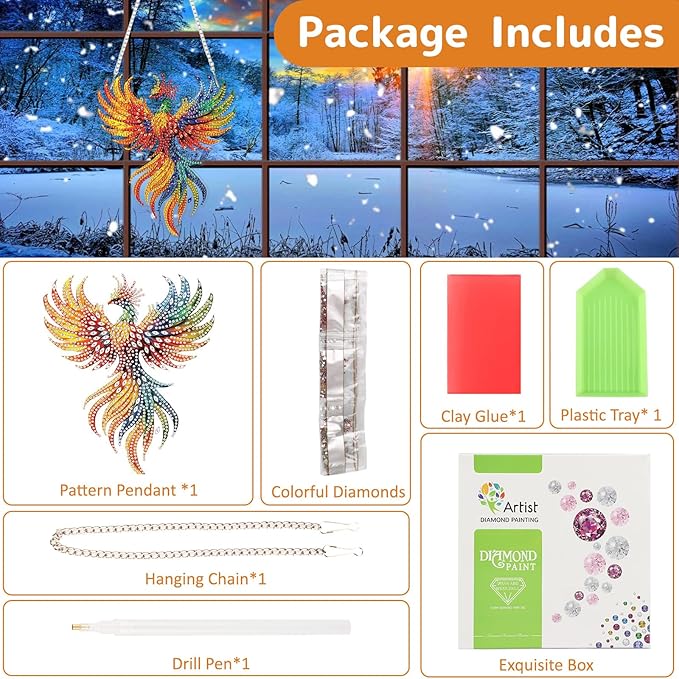 Genius maker Phoenix Diamond Art Hanging Kits for Adults, Diamond Painting Pendant Kits, DIY Acrylic 5D Special Shaped Crystal Diamonds Gem Art Painting Ornament for Home Wall Decor Gift 8x8 Inch