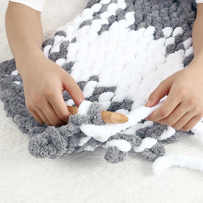 Chunky Chenille Yarn for Hand Knitting 8 Jumbo Pack Jumbo Chunky Yarn for Hand Soft Blanket Knitting, Bulky Thick Fluffy Yarn for Crocheting (White Gray)